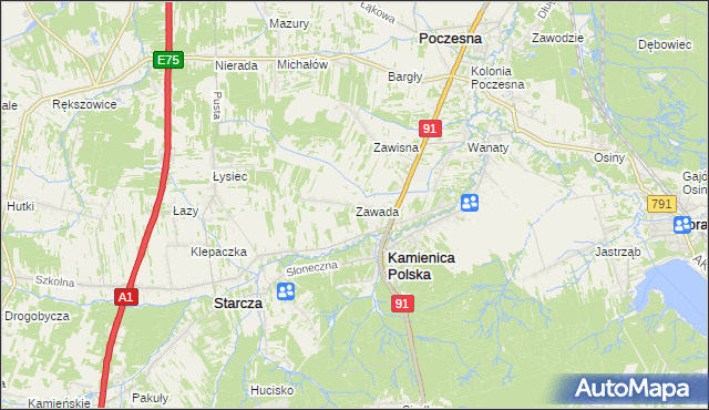 mapa Zawada gmina Kamienica Polska, Zawada gmina Kamienica Polska na mapie Targeo