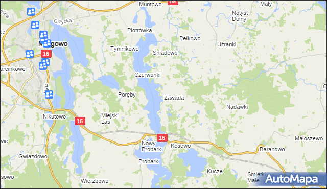 mapa Zawada gmina Mrągowo, Zawada gmina Mrągowo na mapie Targeo