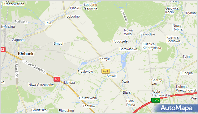 mapa Kamyk gmina Kłobuck, Kamyk gmina Kłobuck na mapie Targeo