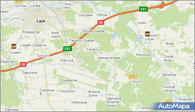 mapa Aleksandrówek gmina Łask, Aleksandrówek gmina Łask na mapie Targeo