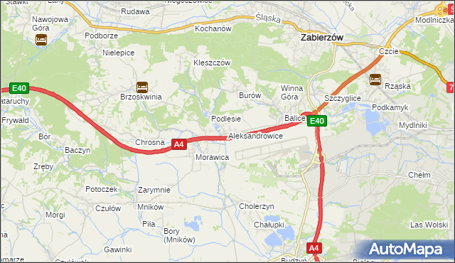 mapa Aleksandrowice gmina Zabierzów, Aleksandrowice gmina Zabierzów na mapie Targeo