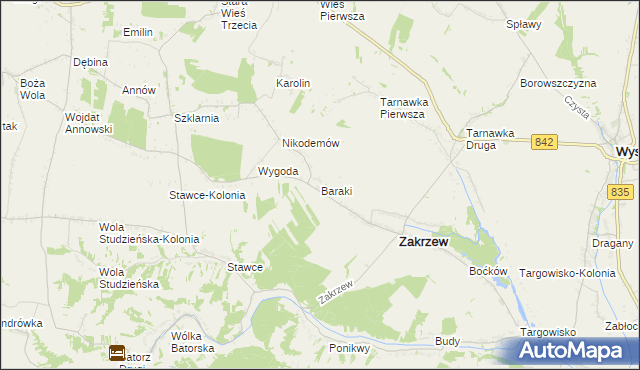 mapa Baraki gmina Zakrzew, Baraki gmina Zakrzew na mapie Targeo