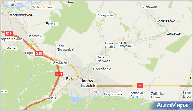 mapa Biała Pierwsza gmina Janów Lubelski, Biała Pierwsza gmina Janów Lubelski na mapie Targeo