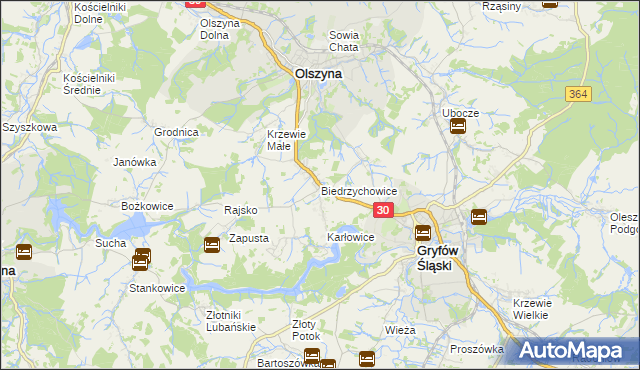 mapa Biedrzychowice gmina Olszyna, Biedrzychowice gmina Olszyna na mapie Targeo