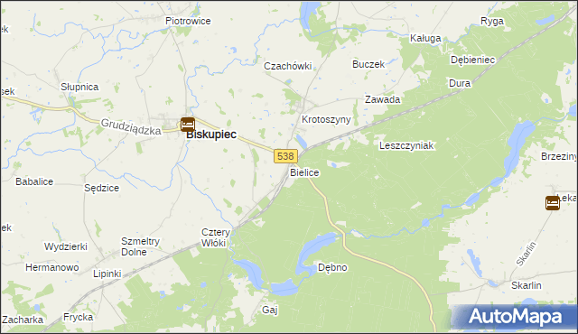 mapa Bielice gmina Biskupiec, Bielice gmina Biskupiec na mapie Targeo