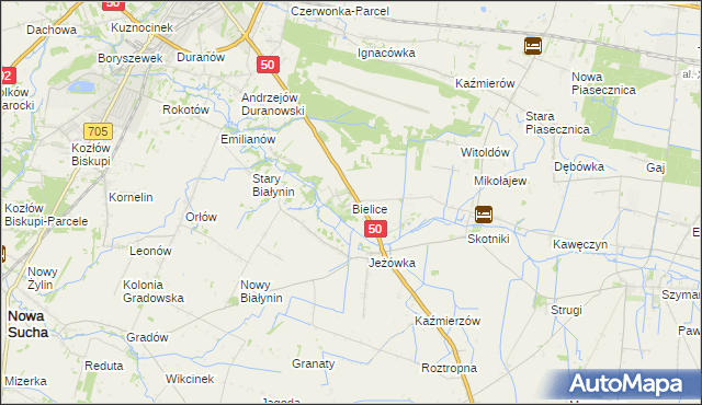 mapa Bielice gmina Sochaczew, Bielice gmina Sochaczew na mapie Targeo