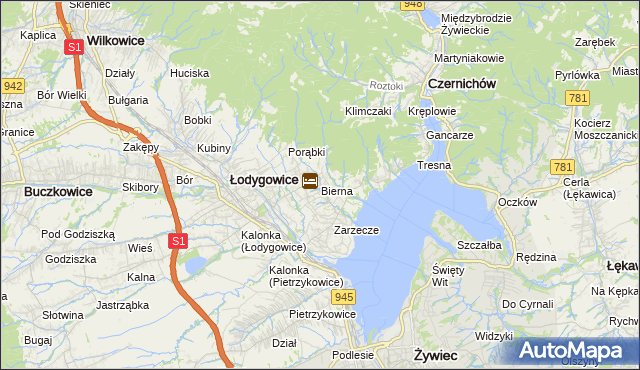 mapa Bierna gmina Łodygowice, Bierna gmina Łodygowice na mapie Targeo