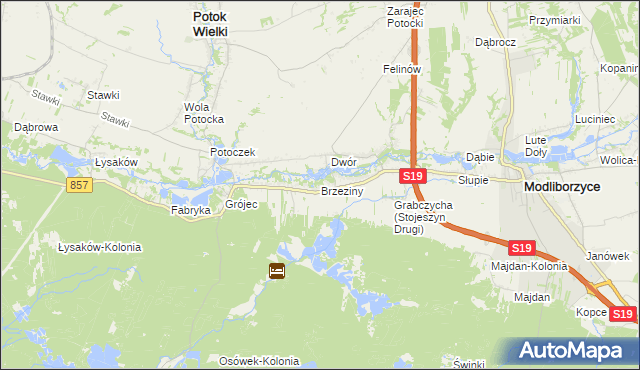 mapa Brzeziny gmina Modliborzyce, Brzeziny gmina Modliborzyce na mapie Targeo