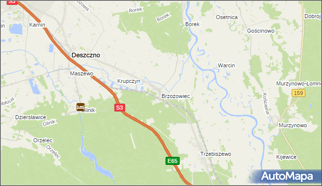 mapa Brzozowiec gmina Deszczno, Brzozowiec gmina Deszczno na mapie Targeo