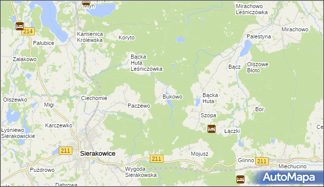mapa Bukowo gmina Sierakowice, Bukowo gmina Sierakowice na mapie Targeo
