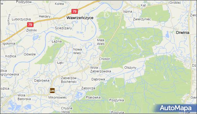 mapa Chobot gmina Niepołomice, Chobot gmina Niepołomice na mapie Targeo