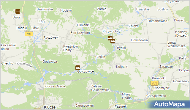 mapa Cieślin gmina Klucze, Cieślin gmina Klucze na mapie Targeo