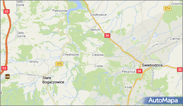 mapa Cieszów gmina Stare Bogaczowice, Cieszów gmina Stare Bogaczowice na mapie Targeo