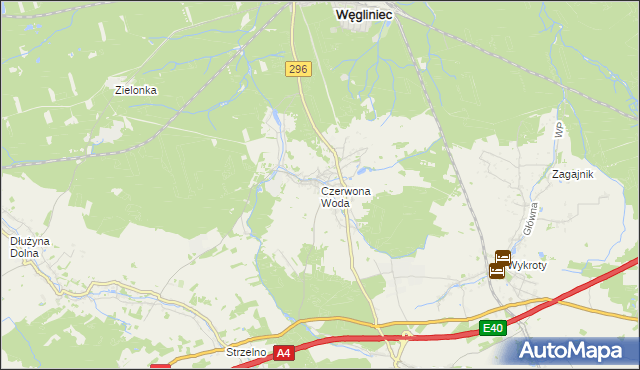 mapa Czerwona Woda gmina Węgliniec, Czerwona Woda gmina Węgliniec na mapie Targeo