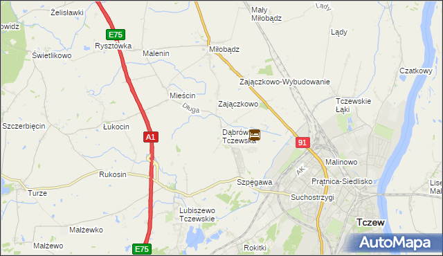 mapa Dąbrówka Tczewska, Dąbrówka Tczewska na mapie Targeo