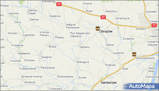 mapa Dębiany gmina Obrazów, Dębiany gmina Obrazów na mapie Targeo