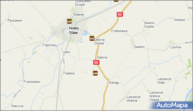 mapa Dębina gmina Nowy Staw, Dębina gmina Nowy Staw na mapie Targeo