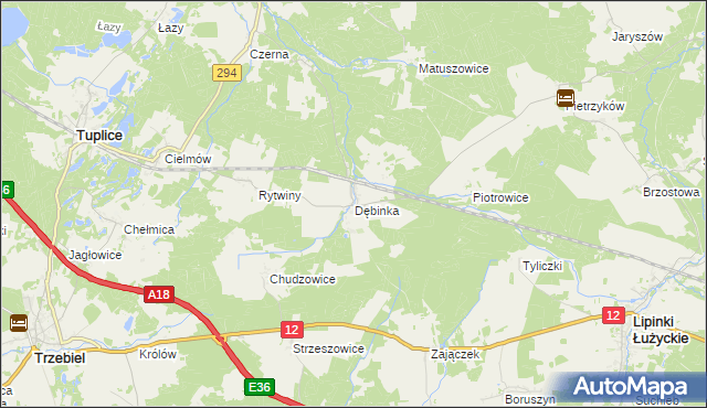 mapa Dębinka gmina Trzebiel, Dębinka gmina Trzebiel na mapie Targeo