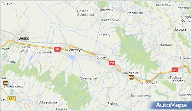 mapa Długie gmina Zarszyn, Długie gmina Zarszyn na mapie Targeo