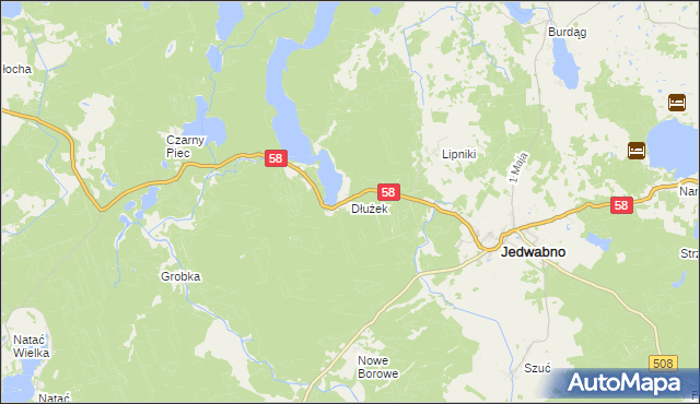mapa Dłużek gmina Jedwabno, Dłużek gmina Jedwabno na mapie Targeo
