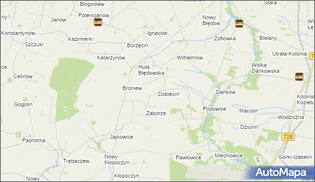 mapa Dobiecin gmina Mogielnica, Dobiecin gmina Mogielnica na mapie Targeo