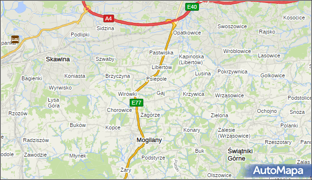 mapa Gaj gmina Mogilany, Gaj gmina Mogilany na mapie Targeo