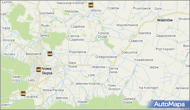 mapa Grzegorzowice gmina Waśniów, Grzegorzowice gmina Waśniów na mapie Targeo