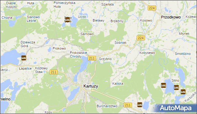 mapa Grzybno gmina Kartuzy, Grzybno gmina Kartuzy na mapie Targeo