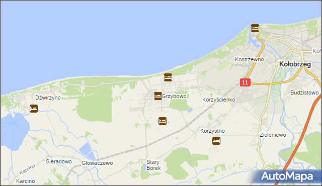 mapa Grzybowo gmina Kołobrzeg, Grzybowo gmina Kołobrzeg na mapie Targeo