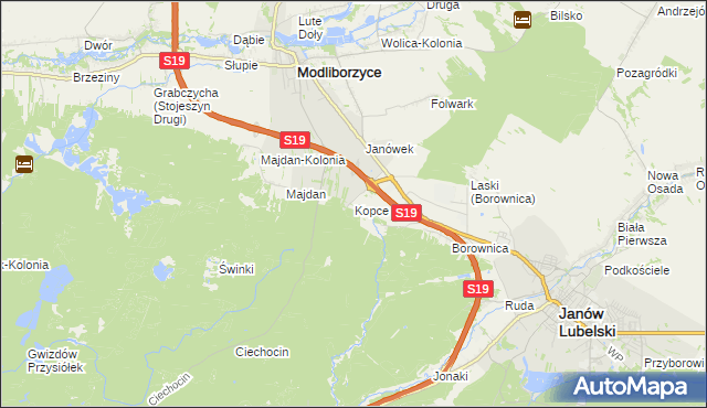 mapa Kopce gmina Janów Lubelski, Kopce gmina Janów Lubelski na mapie Targeo