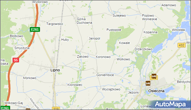 mapa Koronowo gmina Lipno, Koronowo gmina Lipno na mapie Targeo