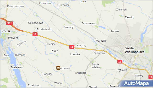 mapa Koszuty gmina Środa Wielkopolska, Koszuty gmina Środa Wielkopolska na mapie Targeo