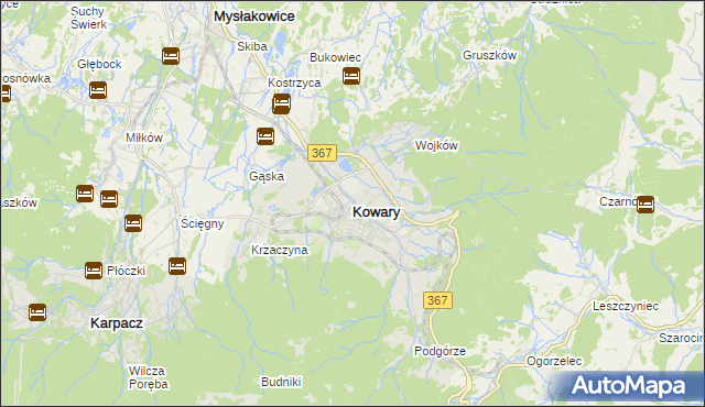 mapa Kowary powiat jeleniogórski, Kowary powiat jeleniogórski na mapie Targeo