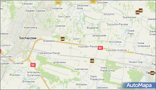 mapa Kożuszki-Parcel, Kożuszki-Parcel na mapie Targeo