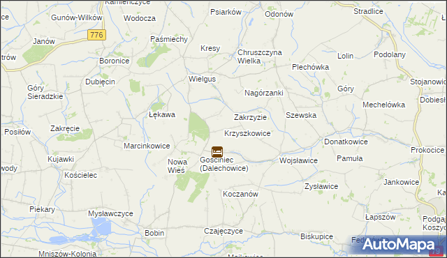 mapa Krzyszkowice gmina Kazimierza Wielka, Krzyszkowice gmina Kazimierza Wielka na mapie Targeo