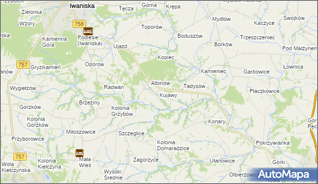 mapa Kujawy gmina Iwaniska, Kujawy gmina Iwaniska na mapie Targeo