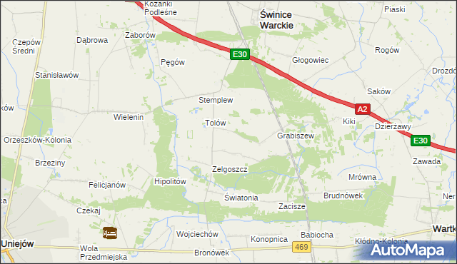 mapa Ładawy gmina Świnice Warckie, Ładawy gmina Świnice Warckie na mapie Targeo