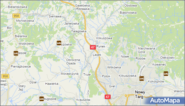 mapa Lasek gmina Nowy Targ, Lasek gmina Nowy Targ na mapie Targeo