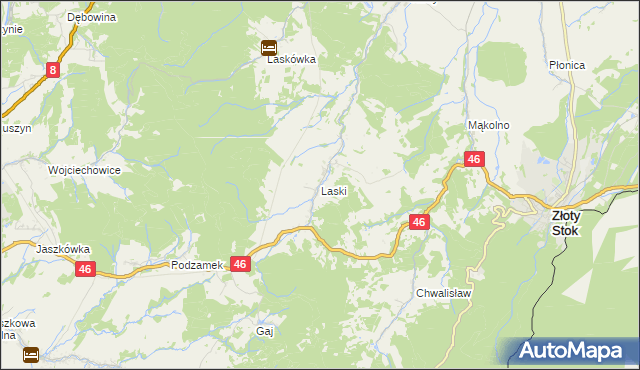 mapa Laski gmina Złoty Stok, Laski gmina Złoty Stok na mapie Targeo