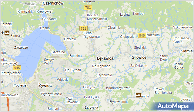 mapa Łękawica powiat żywiecki, Łękawica powiat żywiecki na mapie Targeo