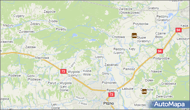 mapa Lipiny gmina Pilzno, Lipiny gmina Pilzno na mapie Targeo