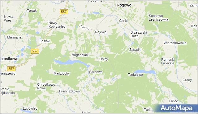 mapa Lisiny gmina Rogowo, Lisiny gmina Rogowo na mapie Targeo