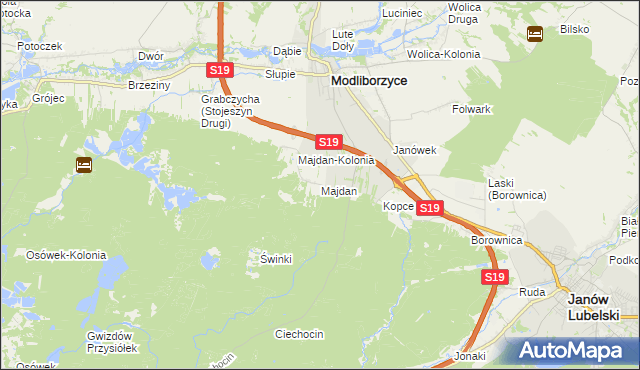 mapa Majdan gmina Modliborzyce, Majdan gmina Modliborzyce na mapie Targeo