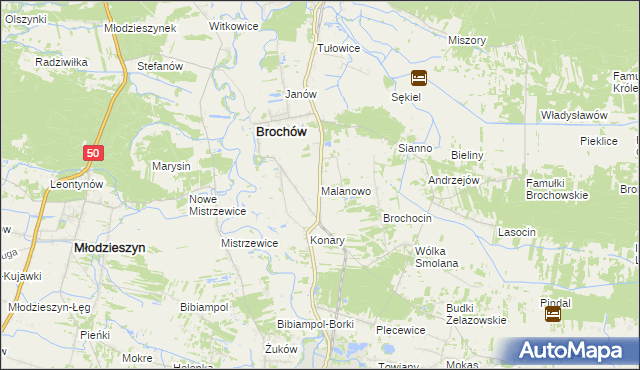 mapa Malanowo gmina Brochów, Malanowo gmina Brochów na mapie Targeo