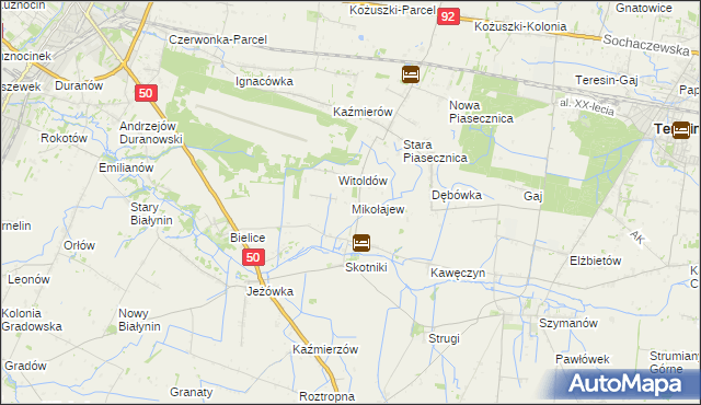 mapa Mikołajew gmina Teresin, Mikołajew gmina Teresin na mapie Targeo