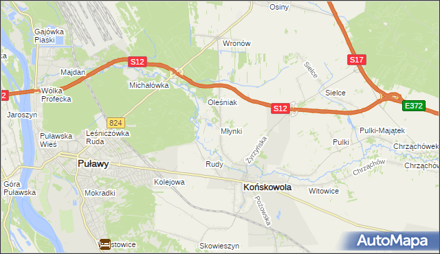 mapa Młynki gmina Końskowola, Młynki gmina Końskowola na mapie Targeo