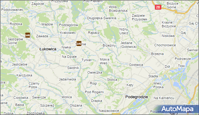 mapa Mokra Wieś gmina Podegrodzie, Mokra Wieś gmina Podegrodzie na mapie Targeo