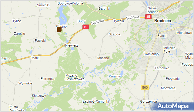 mapa Mszano gmina Brodnica, Mszano gmina Brodnica na mapie Targeo