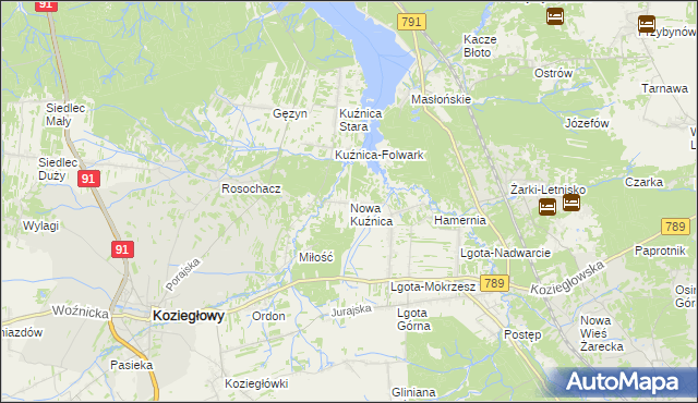 mapa Nowa Kuźnica gmina Koziegłowy, Nowa Kuźnica gmina Koziegłowy na mapie Targeo