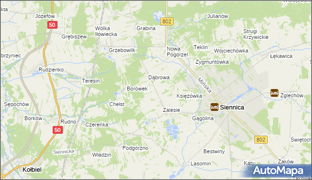 mapa Nowe Zalesie gmina Siennica, Nowe Zalesie gmina Siennica na mapie Targeo